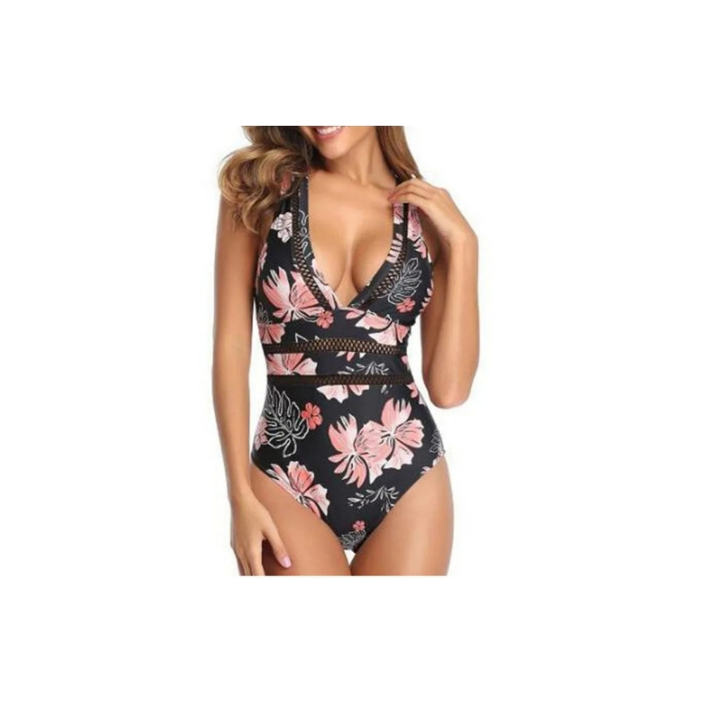 Coral & Black floral women's one-piece swimsuit deep v neck sexy mesh Size Large